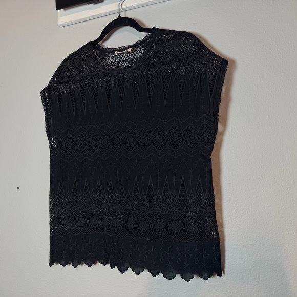 Ulla Johnson Crochet Sheer Lace Blouse Size 8 Black Cap Sleeve Floral Scalloped - Picture 3 of 12